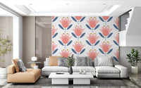 Coral and navy tulip Floral Serenity Wallpaper used in a cozy lounge corner
