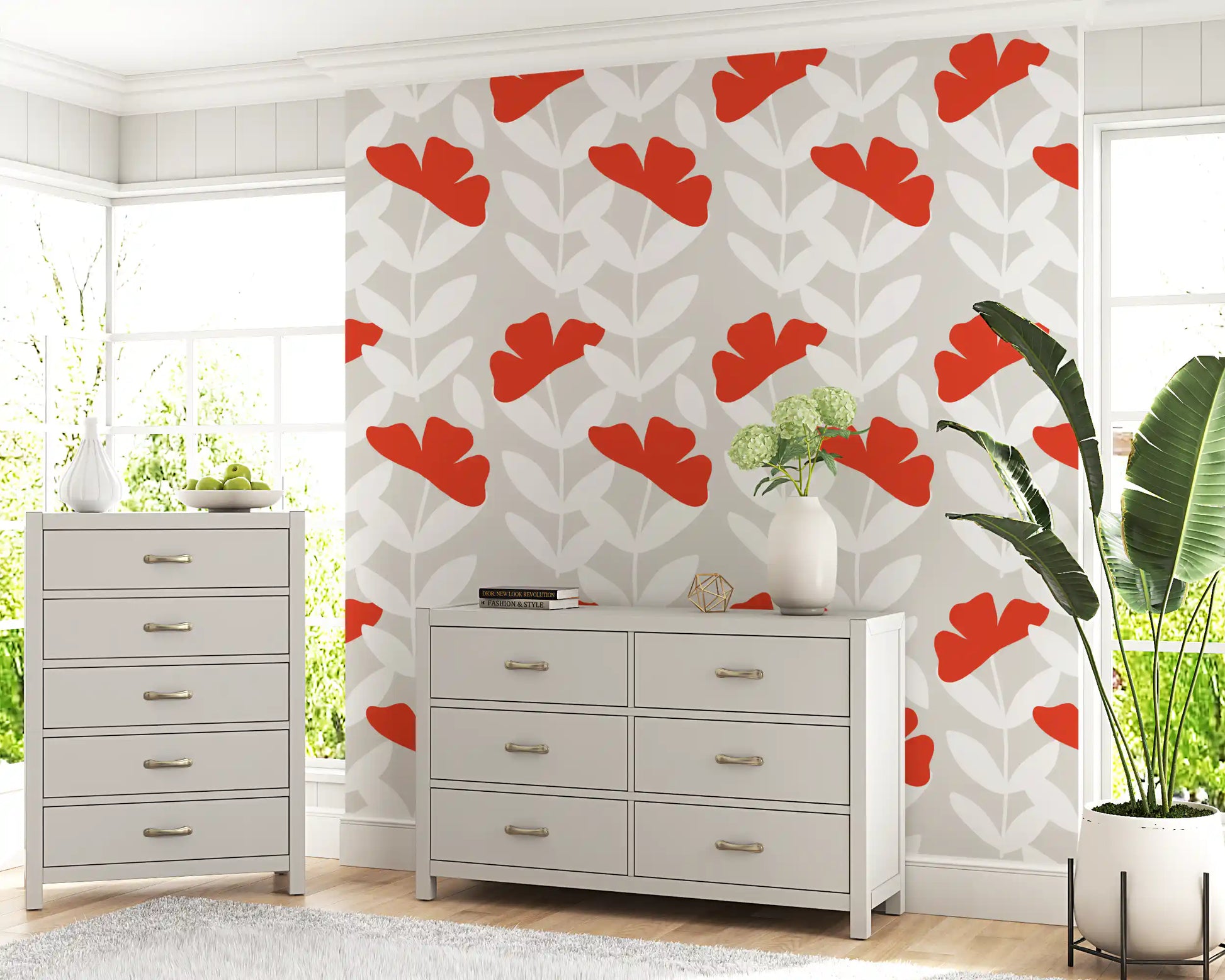 Red Peony Wallpaper showing scarlet blooms paired with ivory leafy stems