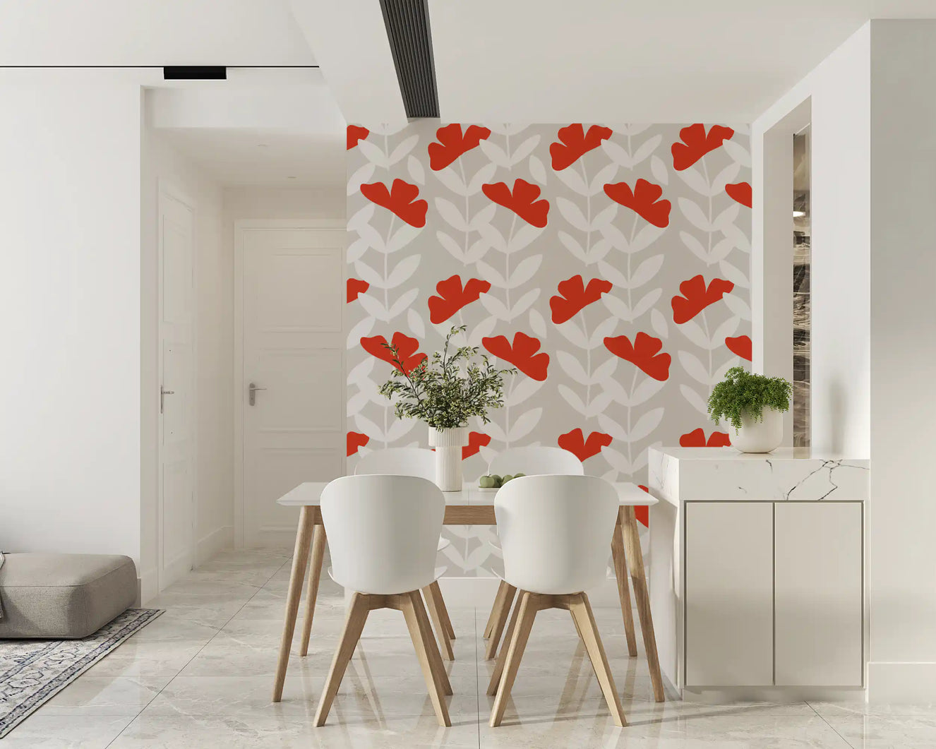 Open dining room featuring Red Wallpaper behind a round wooden table