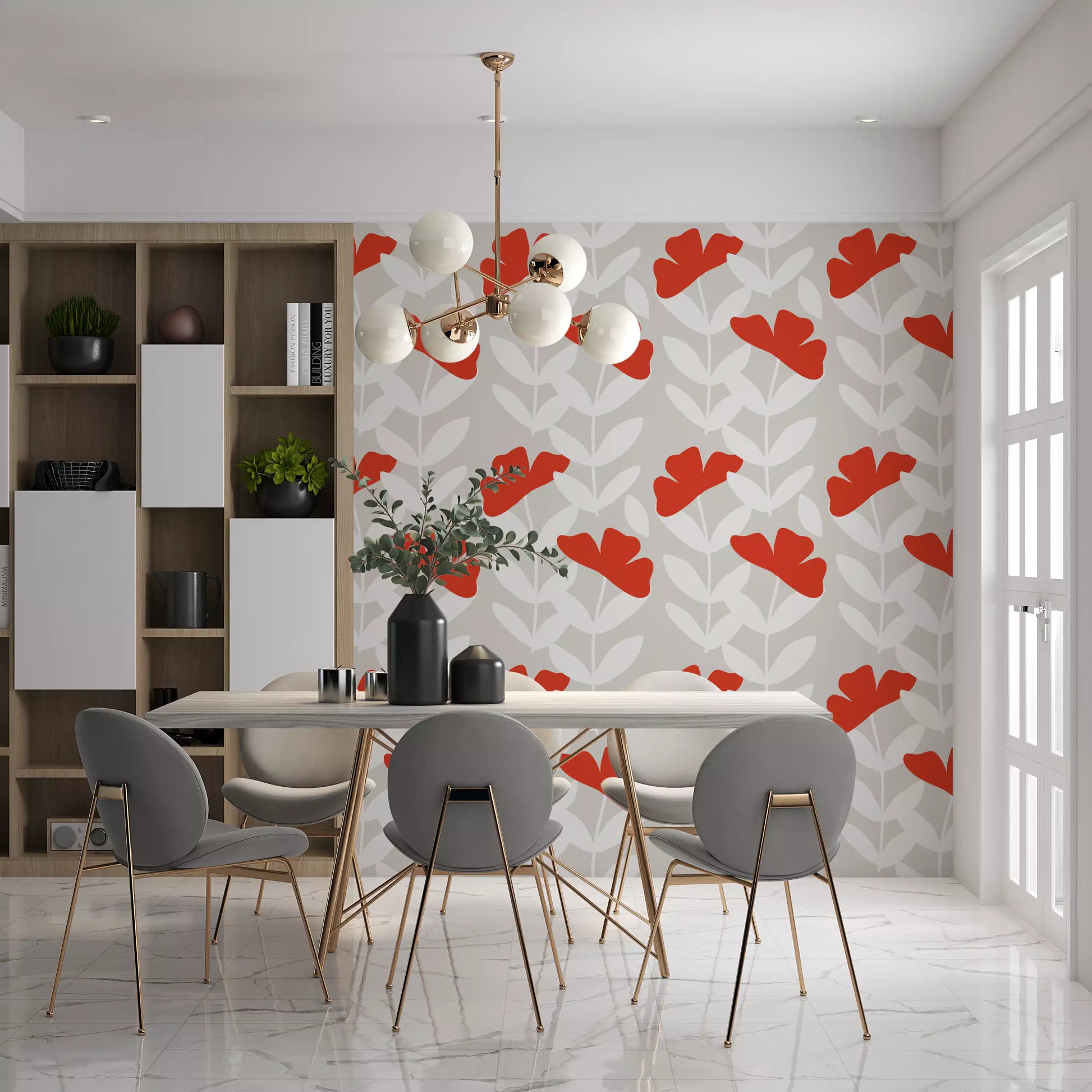 Dining room alcove finished in Red Peony Wallpaper with pale timber bench