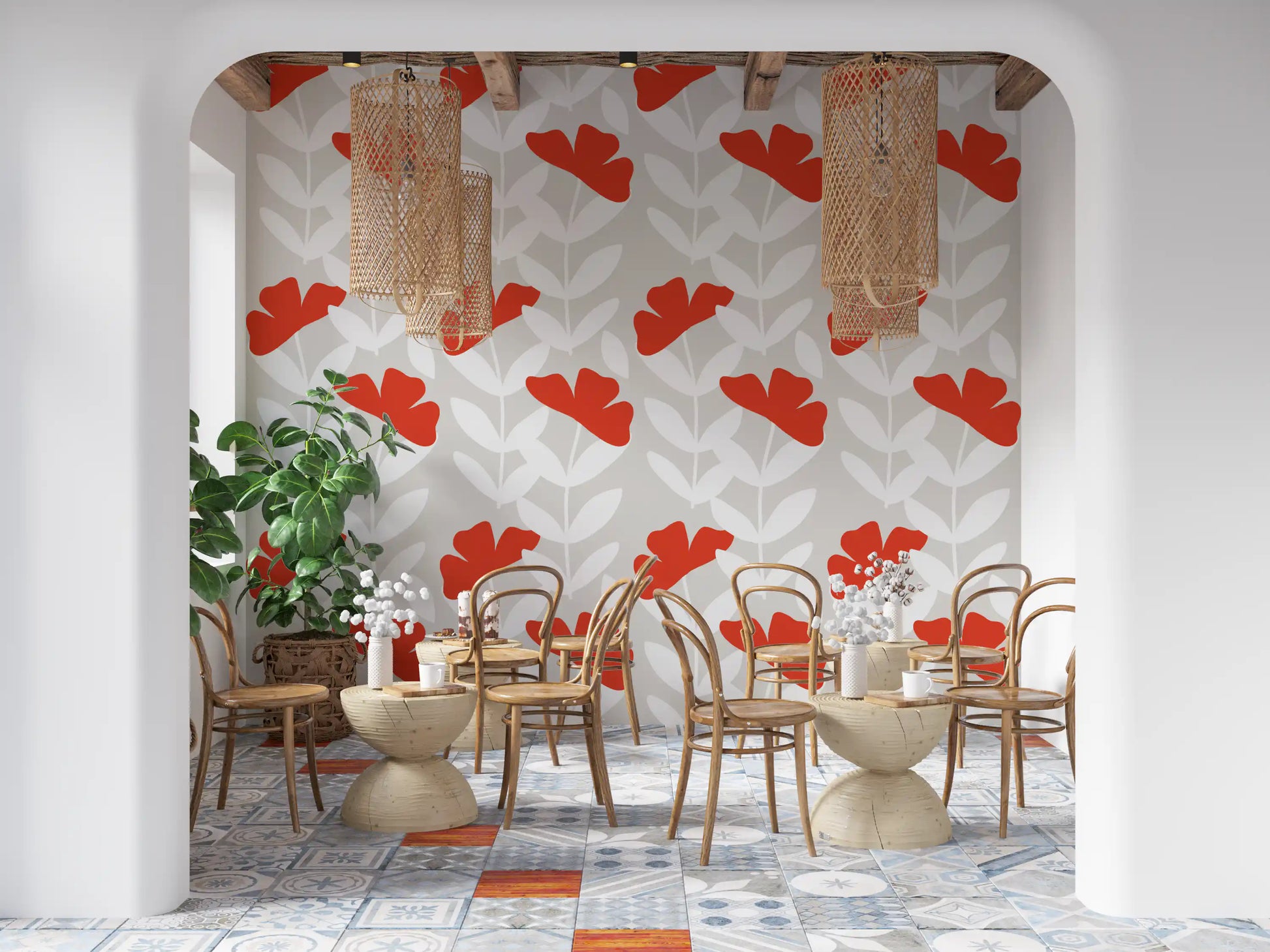 Vertical repeat of leafy branches and poppy-red flowers in Red Peony Wallpaper