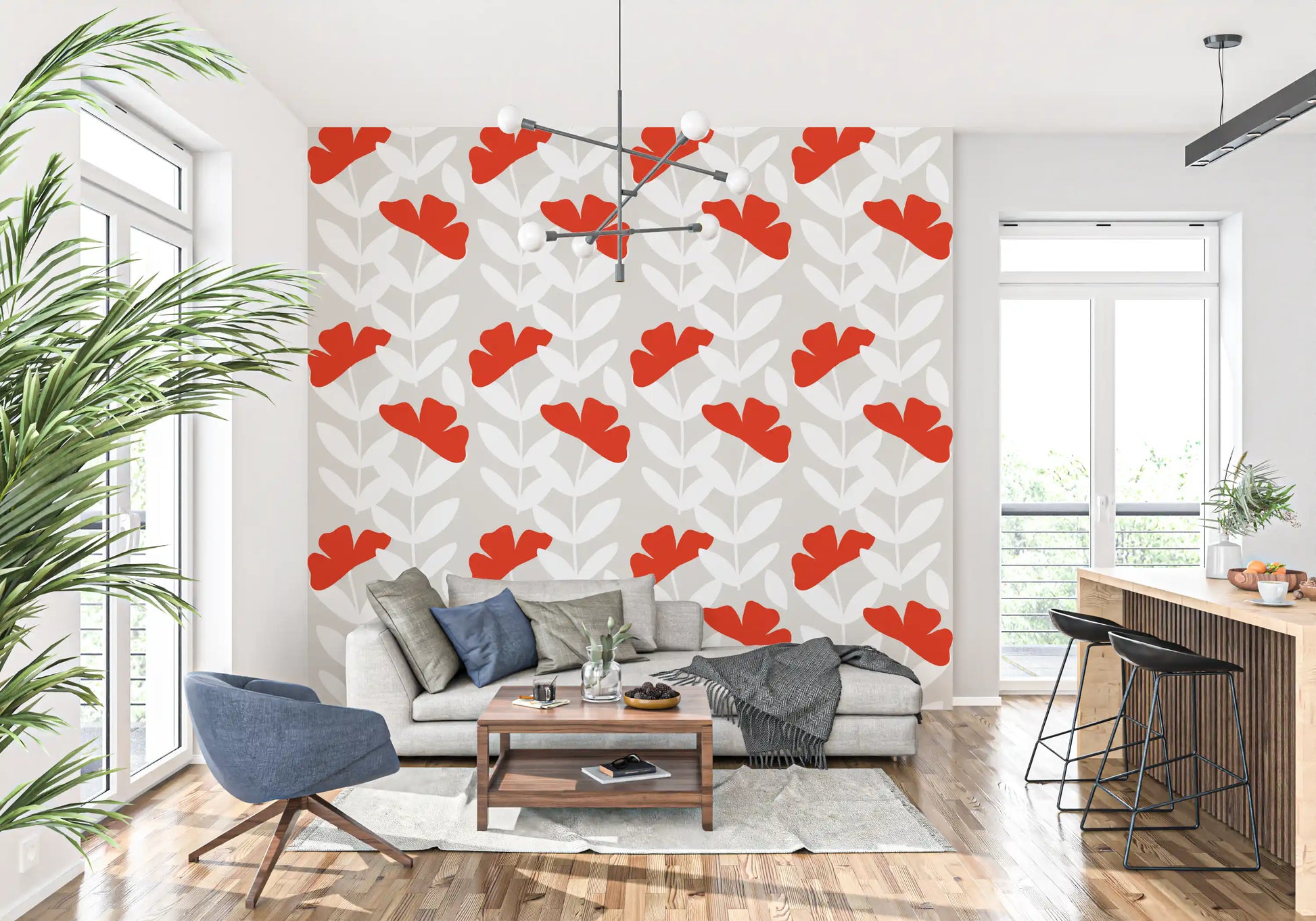 Flat graphic blooms shape the Red Peony Wallpaper in a Scandi-style palette