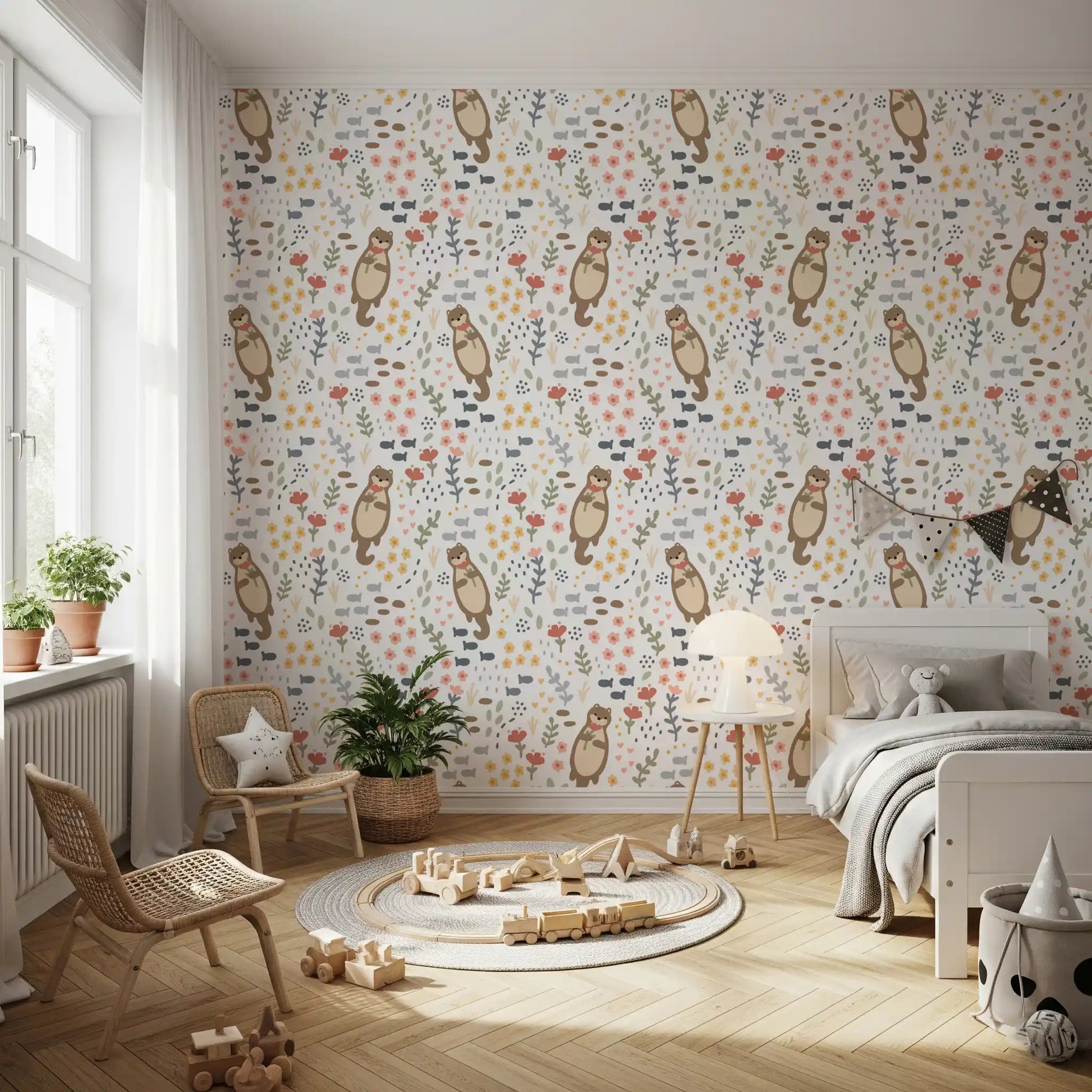 Children's room showing the Whimsical Otters wallpaper 