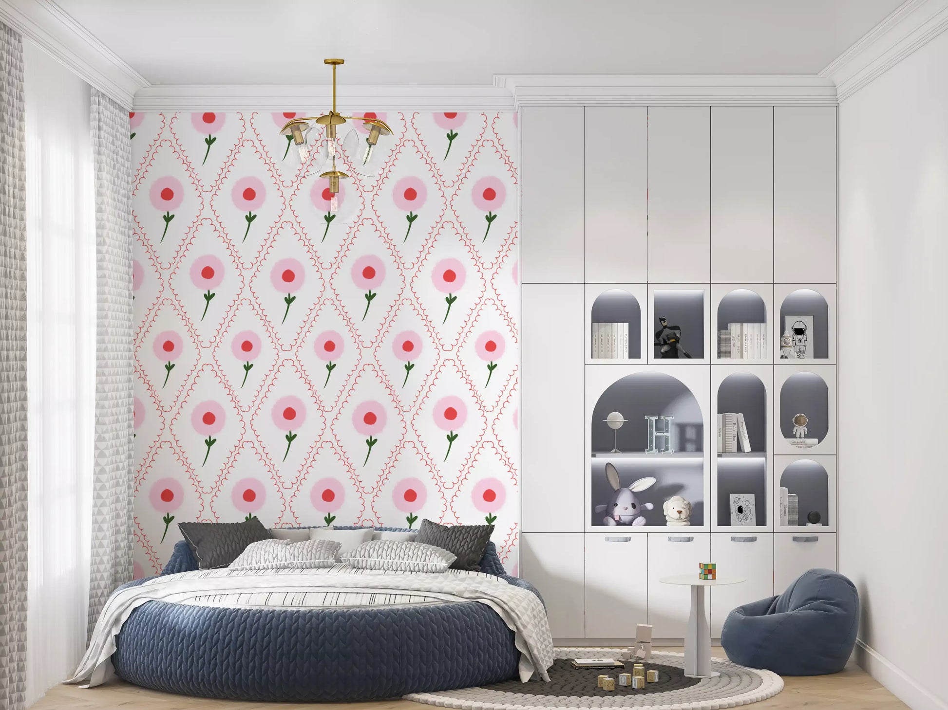 Slim red linework forms diamond trellis throughout the Cottage Roses Wallpaper