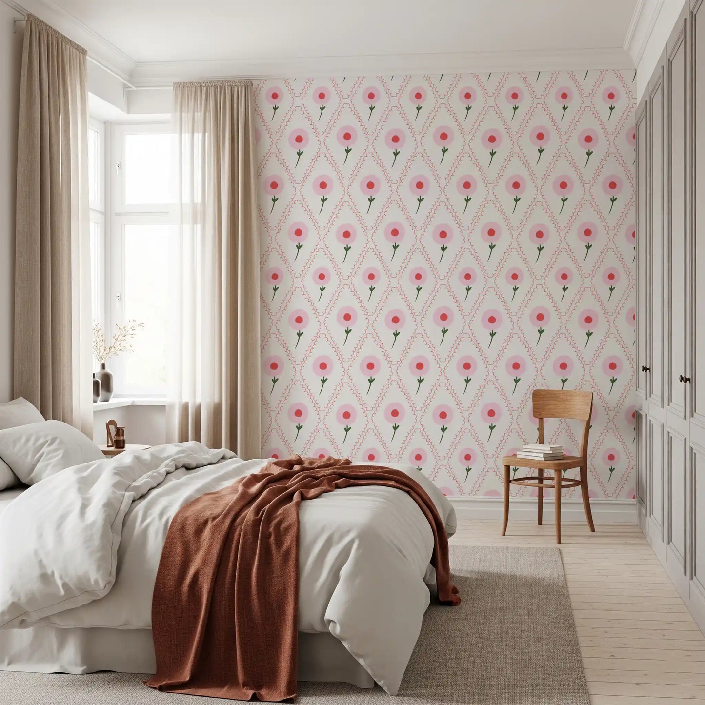 Cottage Roses Wallpaper with pink blooms inside scalloped red diamond lattice