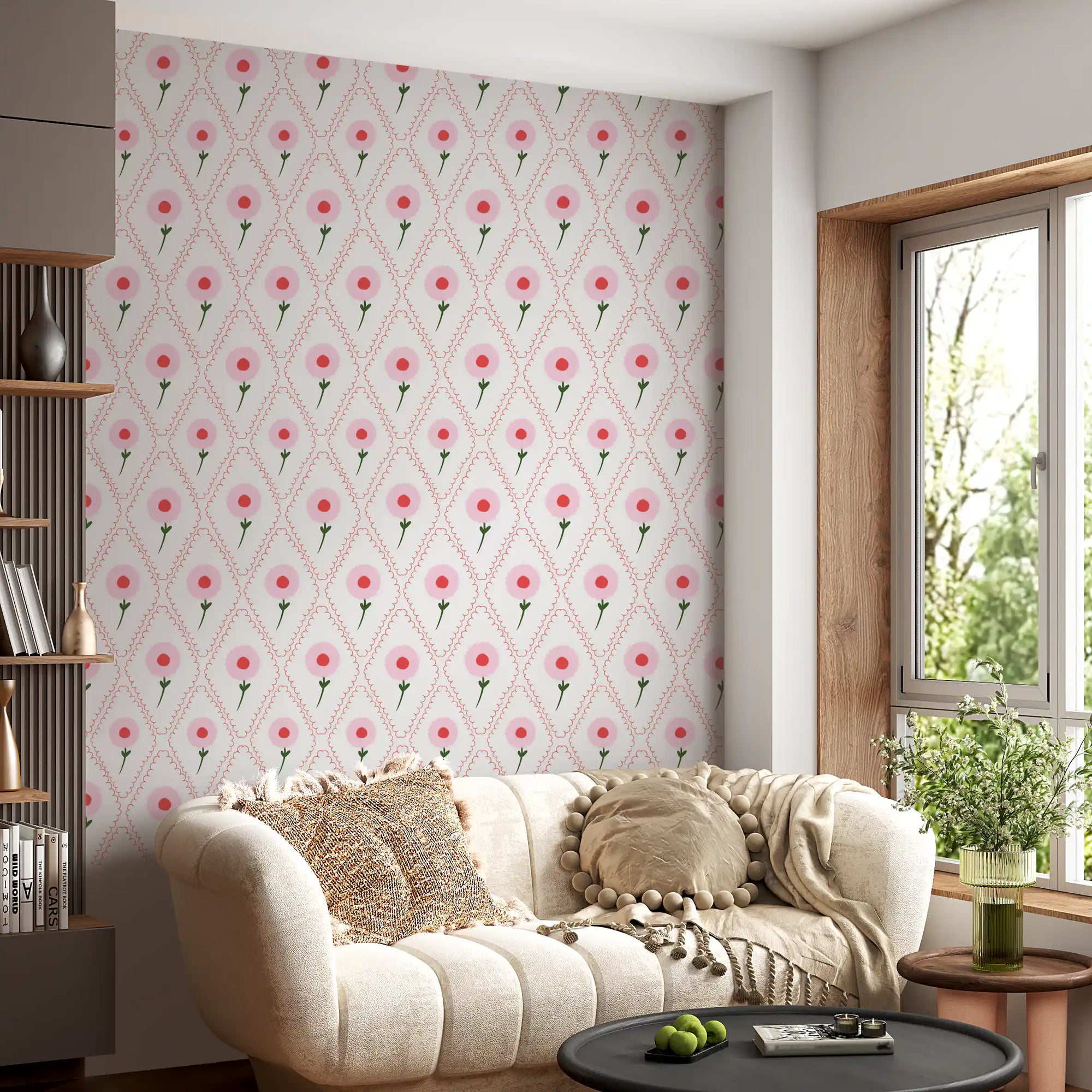 Living room with Cottage Roses Wallpaper running floor to ceiling beside a tall window
