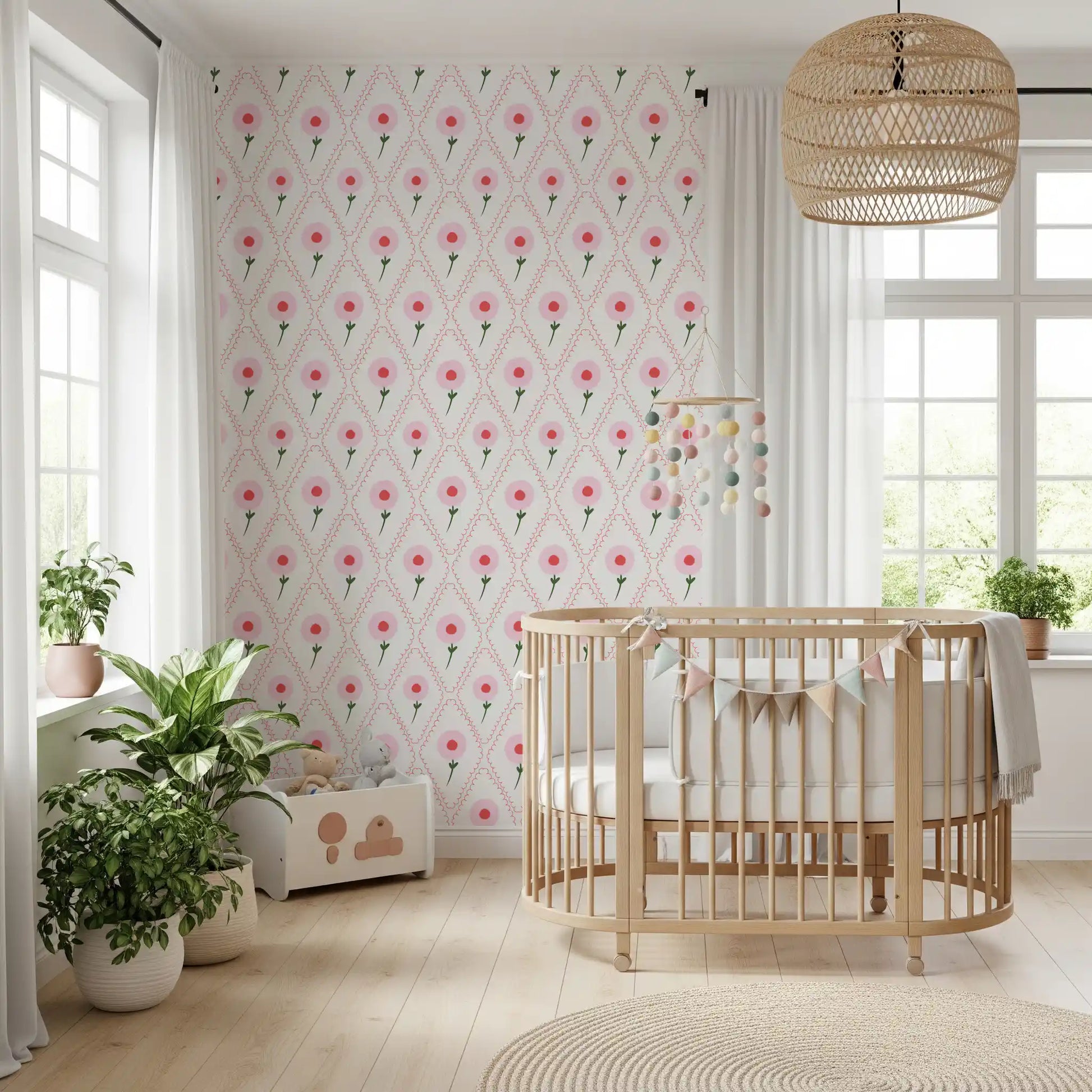 Nursery corner styled in soft tones, Cottage Roses Wallpaper 