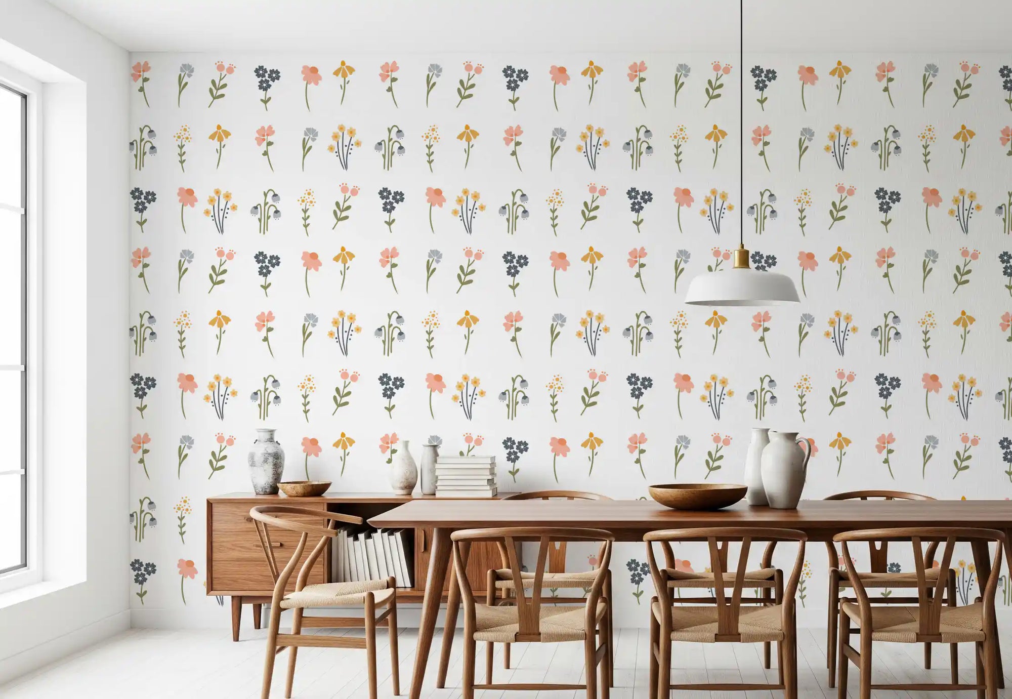 Dining room interior styled with the Wildflower Portraits wallpaper in pastel florals