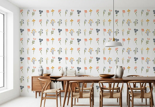Dining room interior styled with the Wildflower Portraits wallpaper in pastel florals