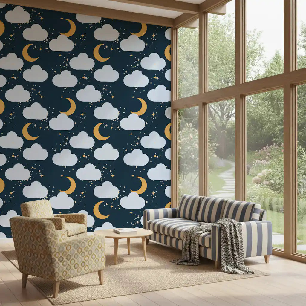 Living area styled around moons, clouds and stars on a navy wallpaper
