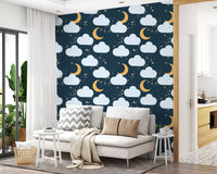 Living room wallpaper layout with pale clouds and golden crescent motifs