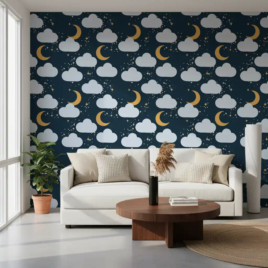 Living room wallpaper showing navy sky with clouds, golden moons and stars