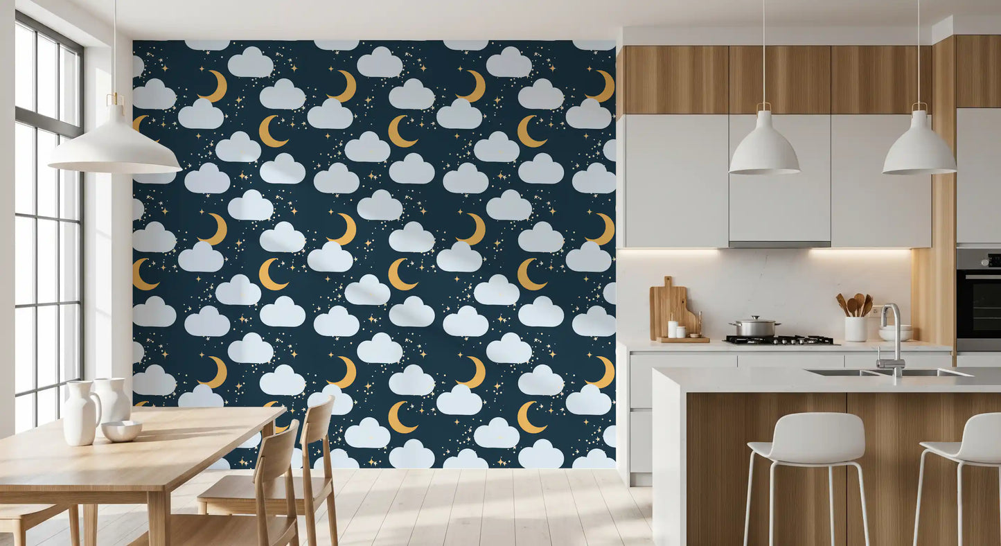 Kitchen and dining room opening onto a moon and cloud wallpaper in deep navy