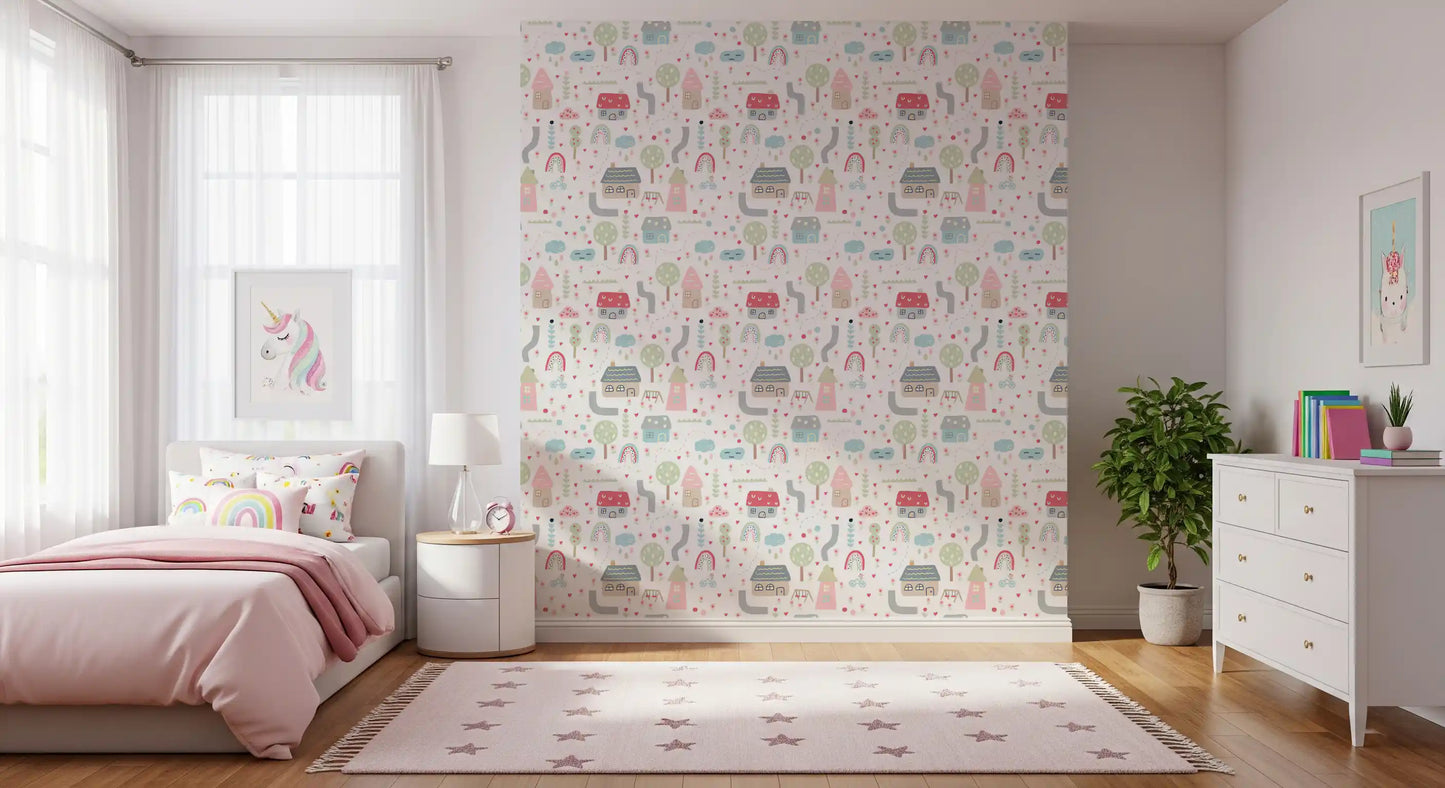 Kids bedroom  area featuring the Baby Village wallpaper along a tall accent surface