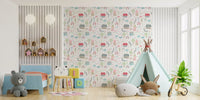 Tiny bicycles tucked between flowers on the Village wallpaper repeat