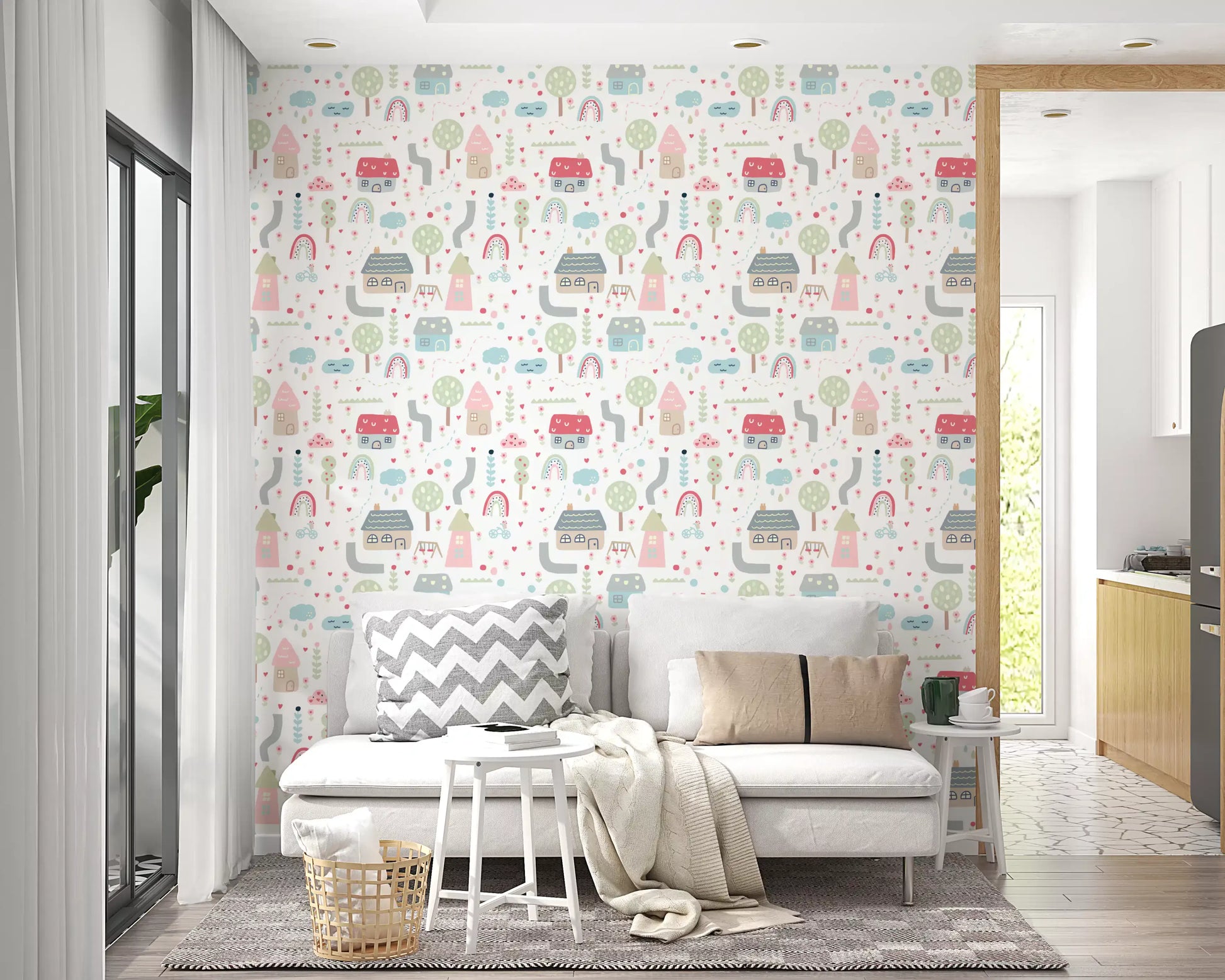 Pastel cottages and rainbows of the Baby Village wallpaper line a cosy living room