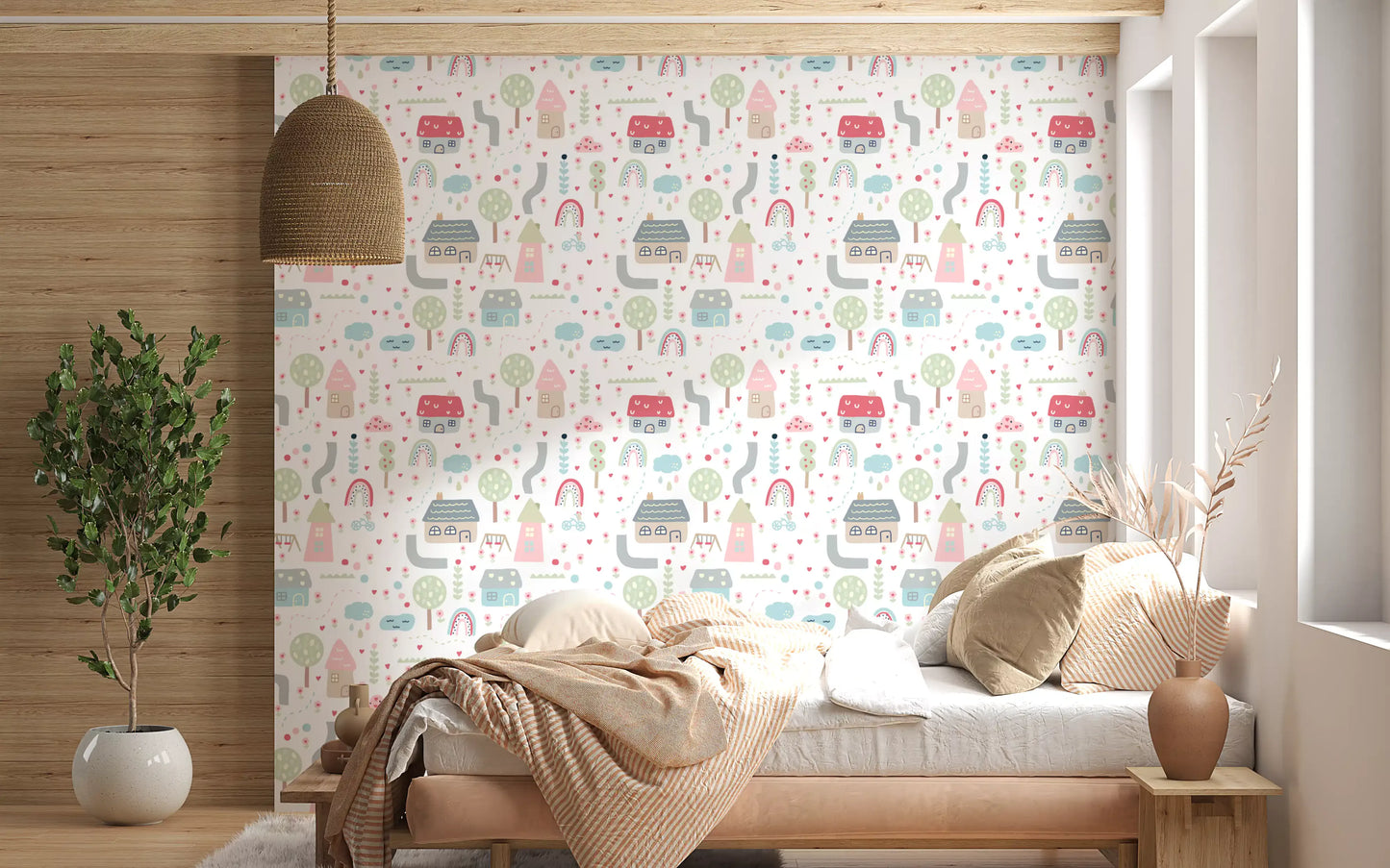 Bedroom corner backed with the Baby Village wallpaper near a tufted pink bench