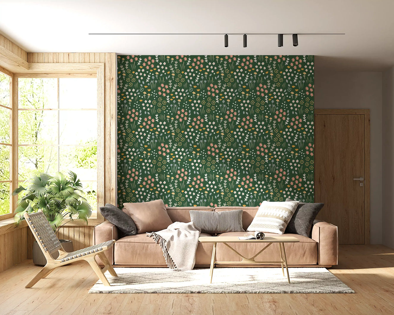 Living room corner where Evergreen Floral Wallpaper greens the main feature panel.
