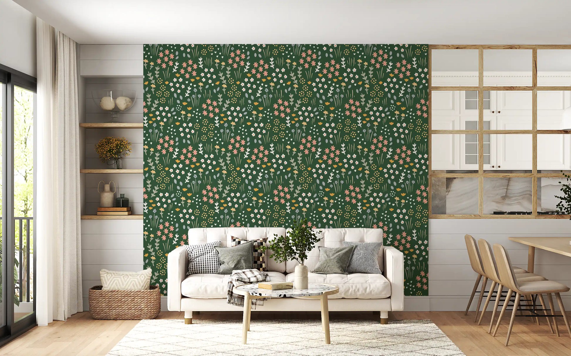 Peach daisies and ivory florets dot the Evergreen Floral Wallpaper repeat.