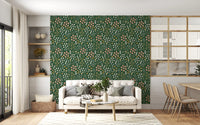 Peach daisies and ivory florets dot the Evergreen Floral Wallpaper repeat.