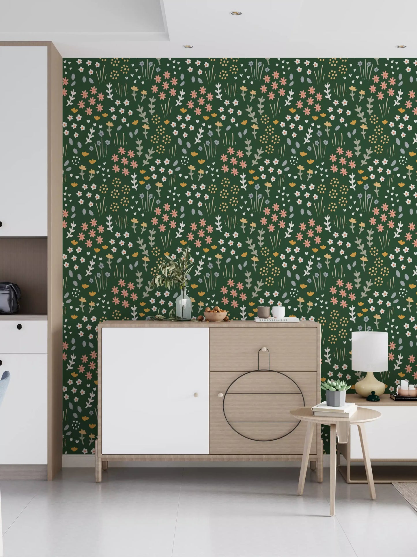 Tiny mustard pebble clusters fill the Evergreen Floral Wallpaper layout.