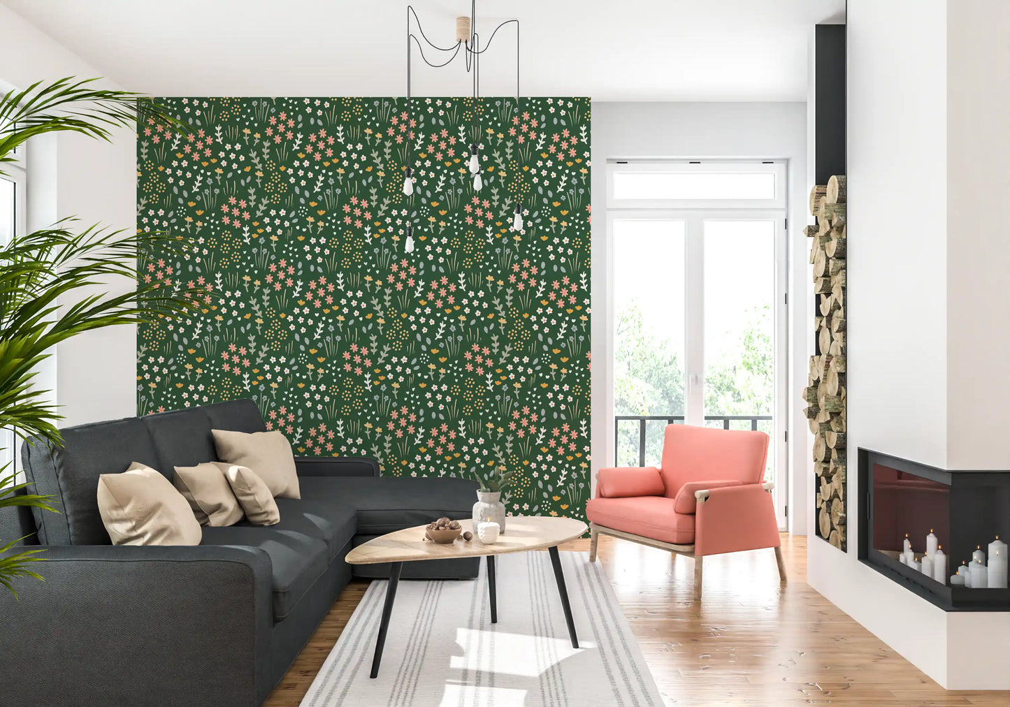 Living room retreat dressed in Evergreen Floral Wallpaper from skirting to ceiling.