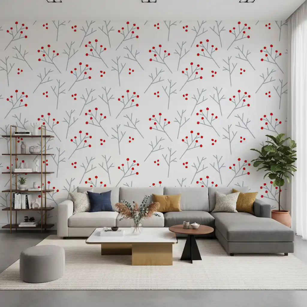 Living room in Scandi Berry Branches wallpaper, gray twigs with small red dots.