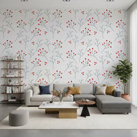 Living room in Scandi Berry Branches wallpaper, gray twigs with small red dots.