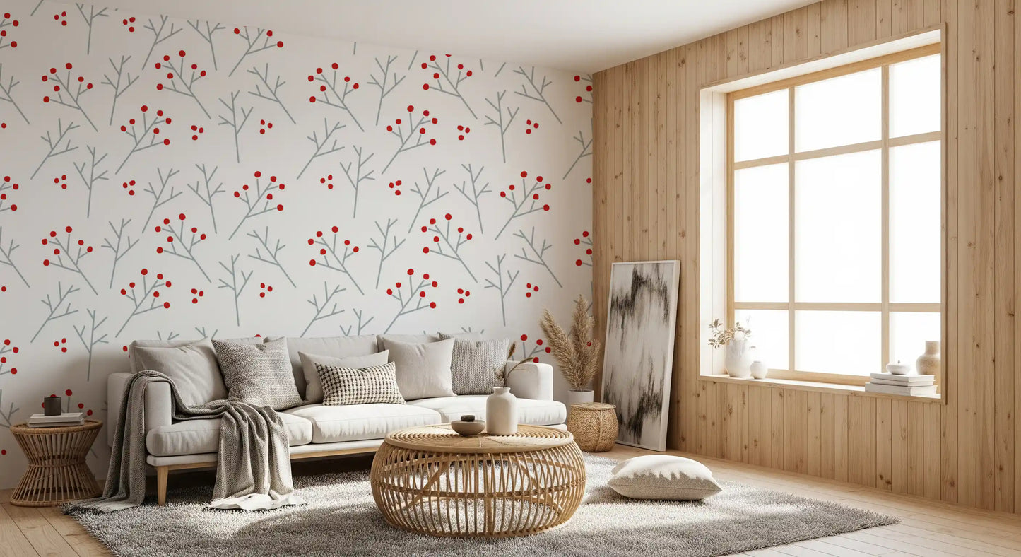 Slim gray twigs and red  Scandi Berry Branches wallpaper in a living room.
