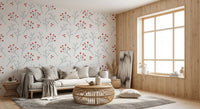 Slim gray twigs and red  Scandi Berry Branches wallpaper in a living room.