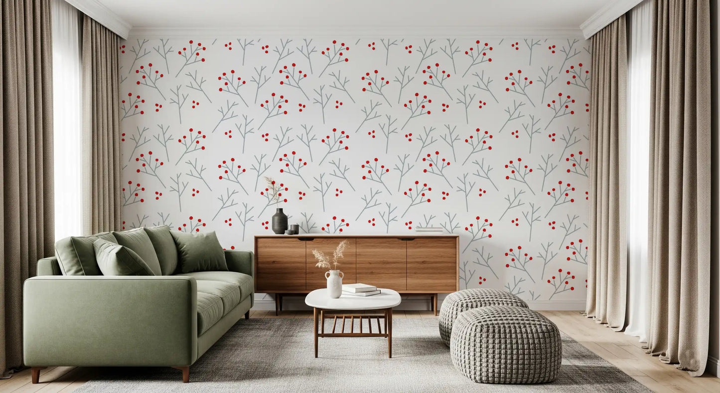 Scarlet scatter between pale twig sprays in Scandi Berry Branches wallpaper.