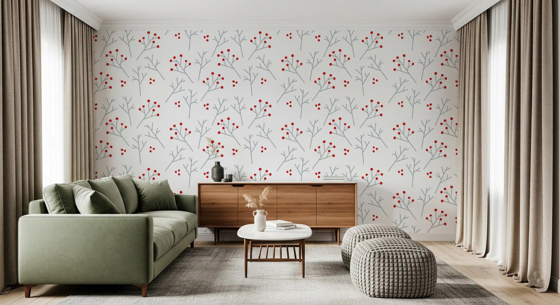 Scarlet scatter between pale twig sprays in Scandi Berry Branches wallpaper.