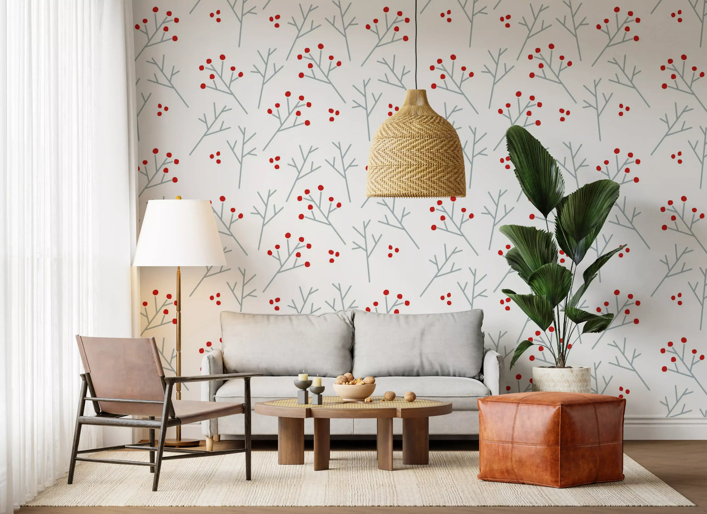 Pared-back styling fills Scandi Berry Branches wallpaper with ruby red drops on muted lines.