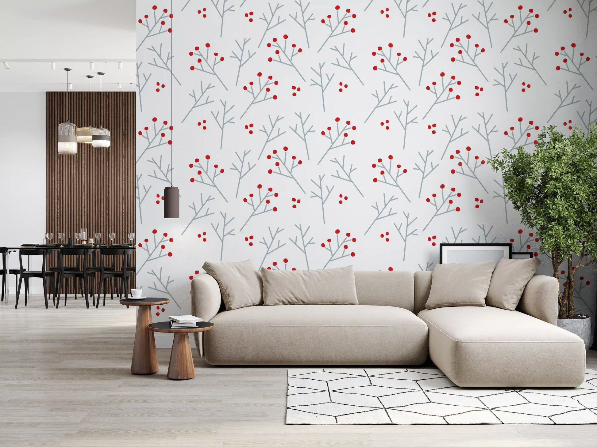 Scandi Berry wallpaper gives a lounge a quiet Nordic moment with subtle accents.