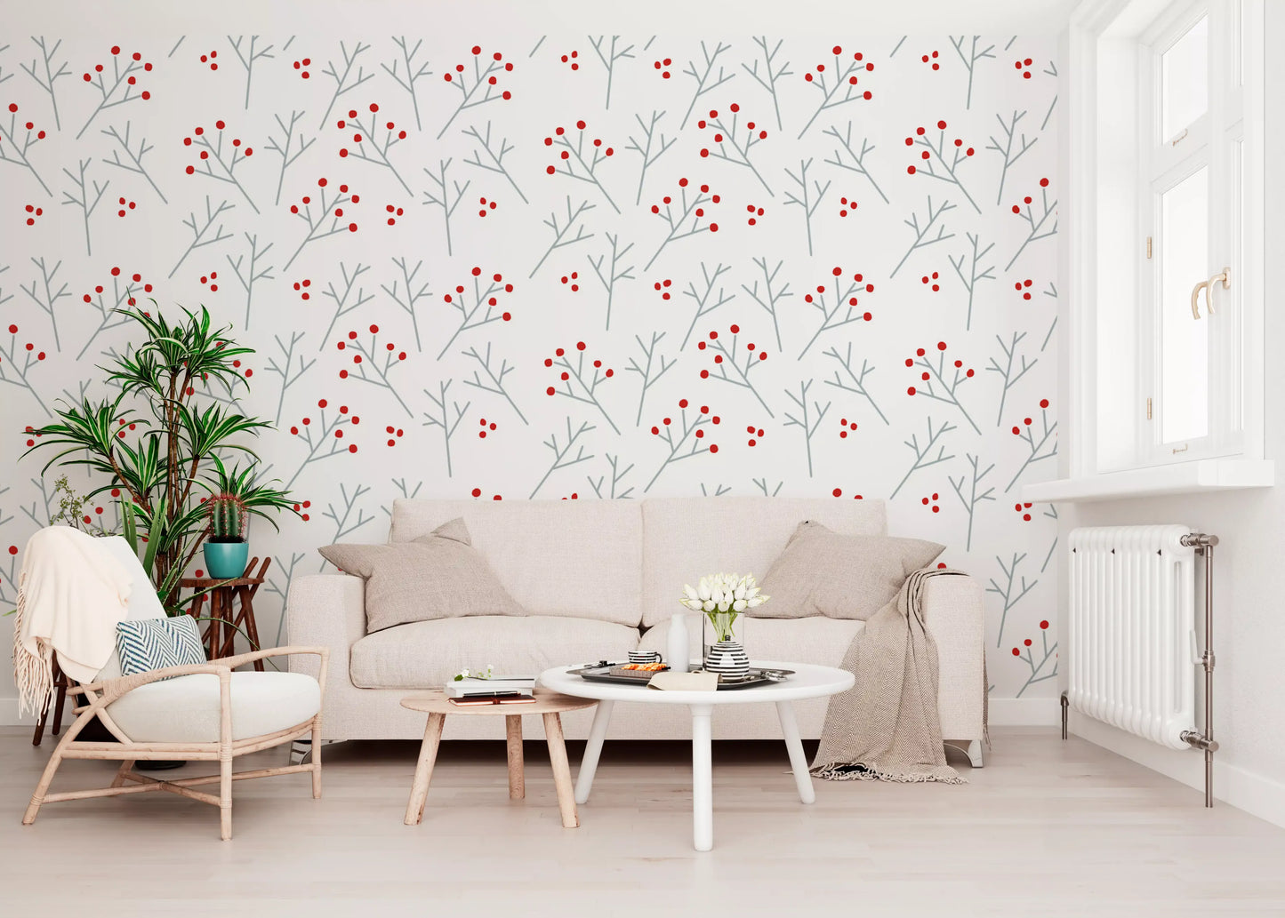 Three tones stay relaxed in Scandi Berry wallpaper across one living room surface.
