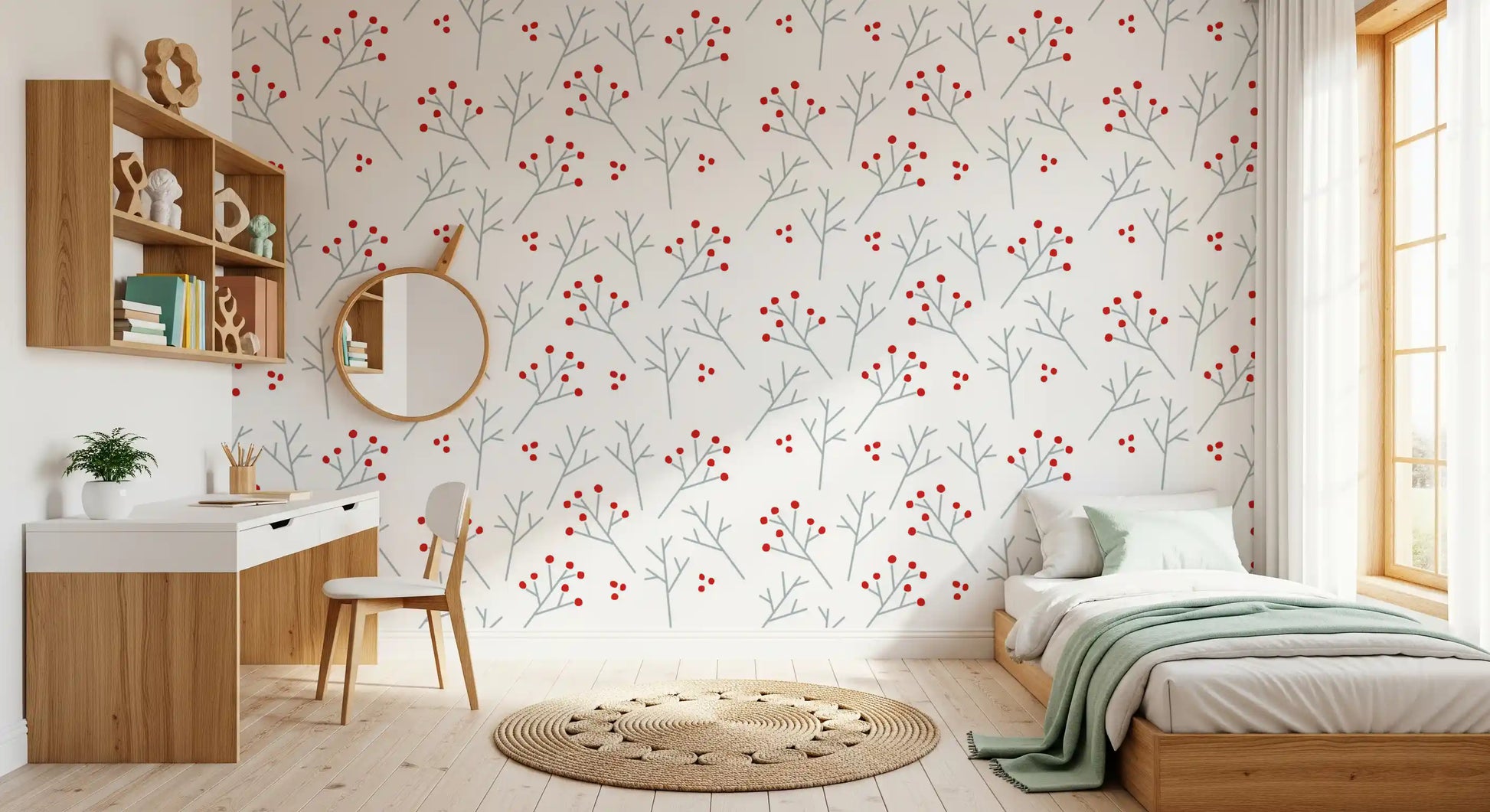 A bedroom paired with Berry wallpaper, red dots on slender silver stems.