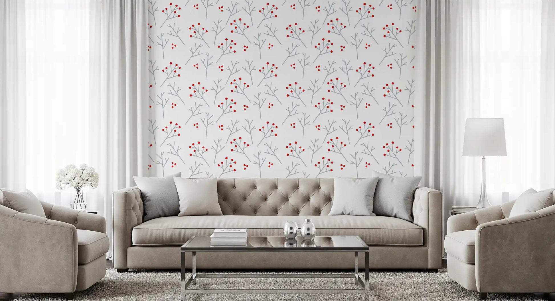 Where pale twigs meet, ruby dots arrange Scandi Berry Branches wallpaper neatly.