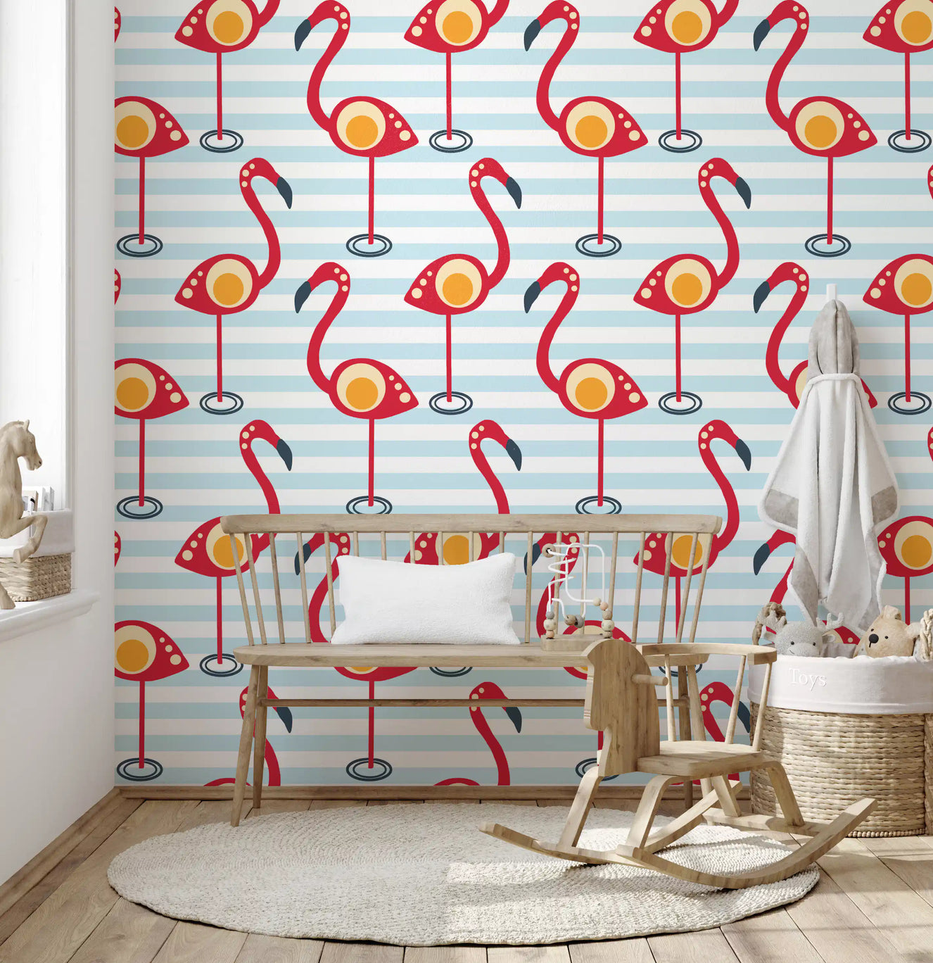 Pink flamingos and pastel banding from Retro Flamingo Fun Wallpaper warm a Nursery.