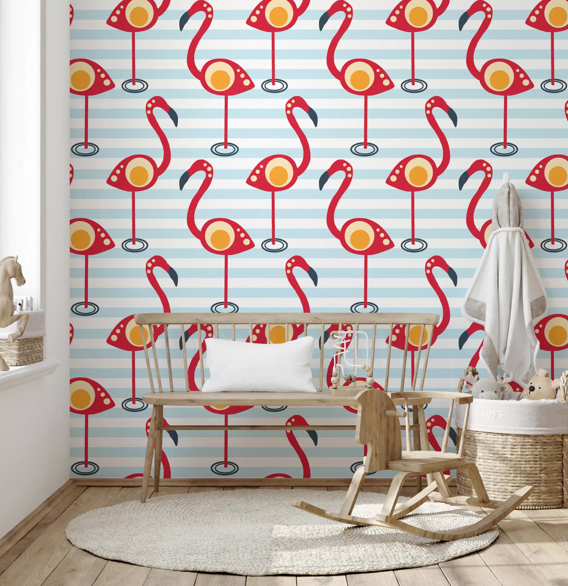 Pink flamingos and pastel banding from Retro Flamingo Fun Wallpaper warm a Nursery.