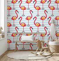 Pink flamingos and pastel banding from Retro Flamingo Fun Wallpaper warm a Nursery.