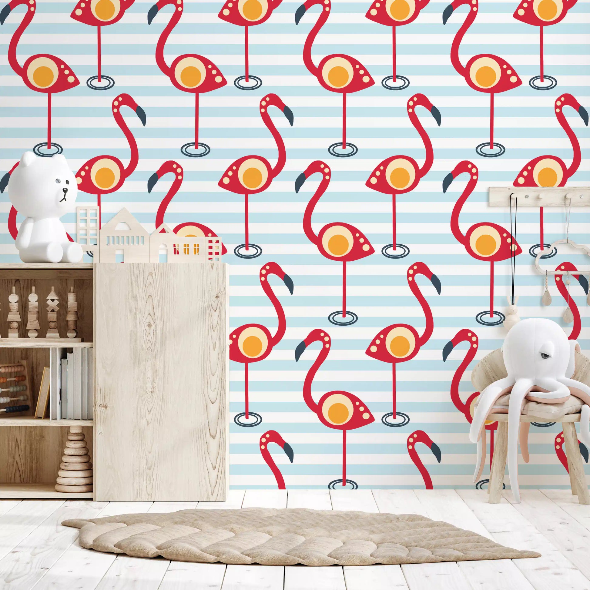 Brushing a nursery, Retro Flamingo Fun Wallpaper teams coral birds with pastel stripes.