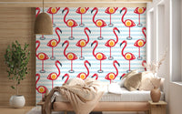 Bold beaks and round eyes mark each bird in the Retro Flamingo Fun Wallpaper repeat.