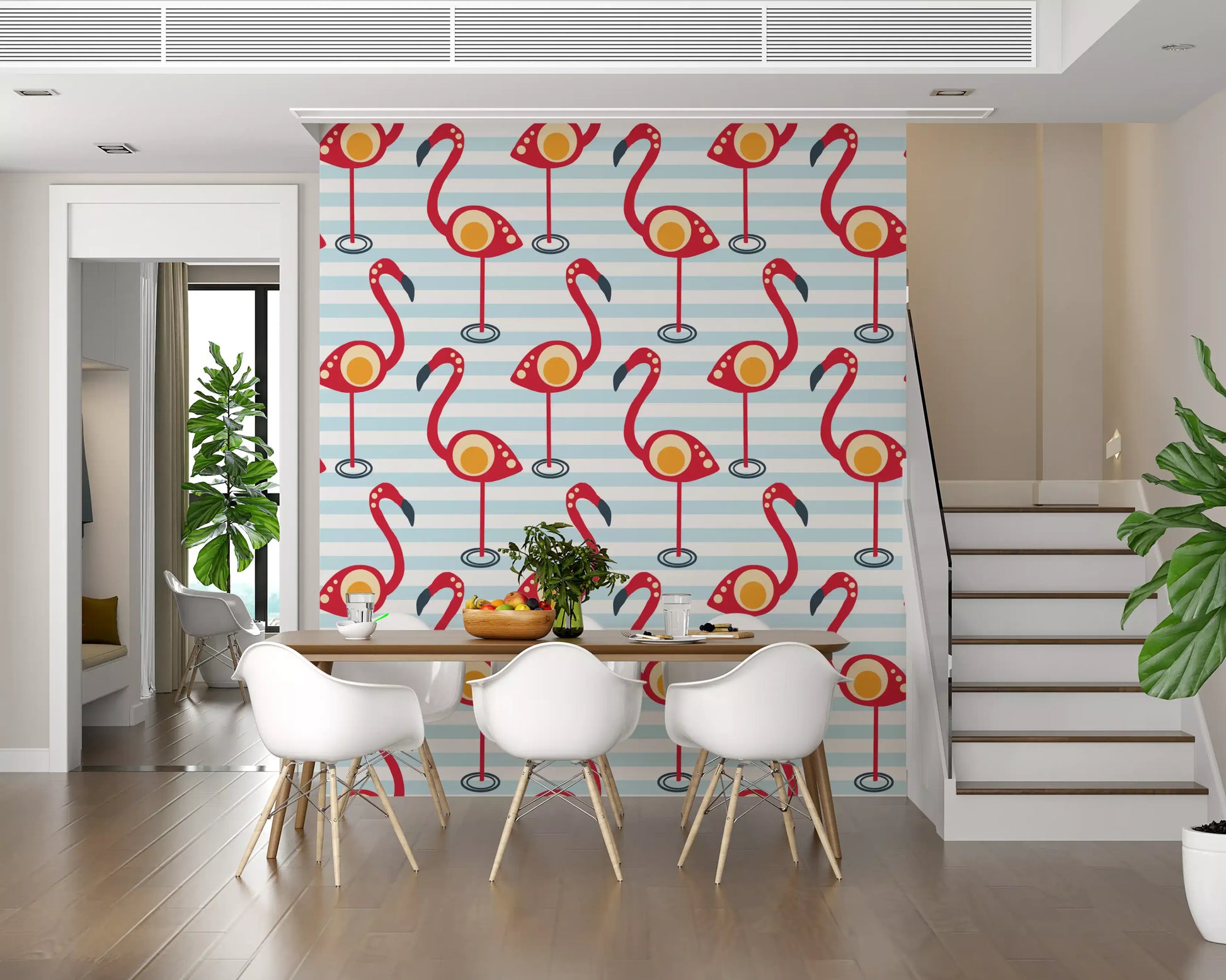 A Dining room gains cheer from playful birds in Retro Flamingo Fun Wallpaper.