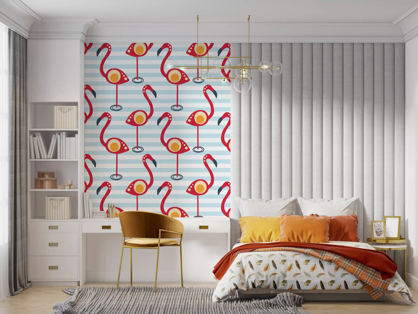 Pastel sky bands hold ringed flamingos within a Retro Flamingo Fun Wallpaper layout.