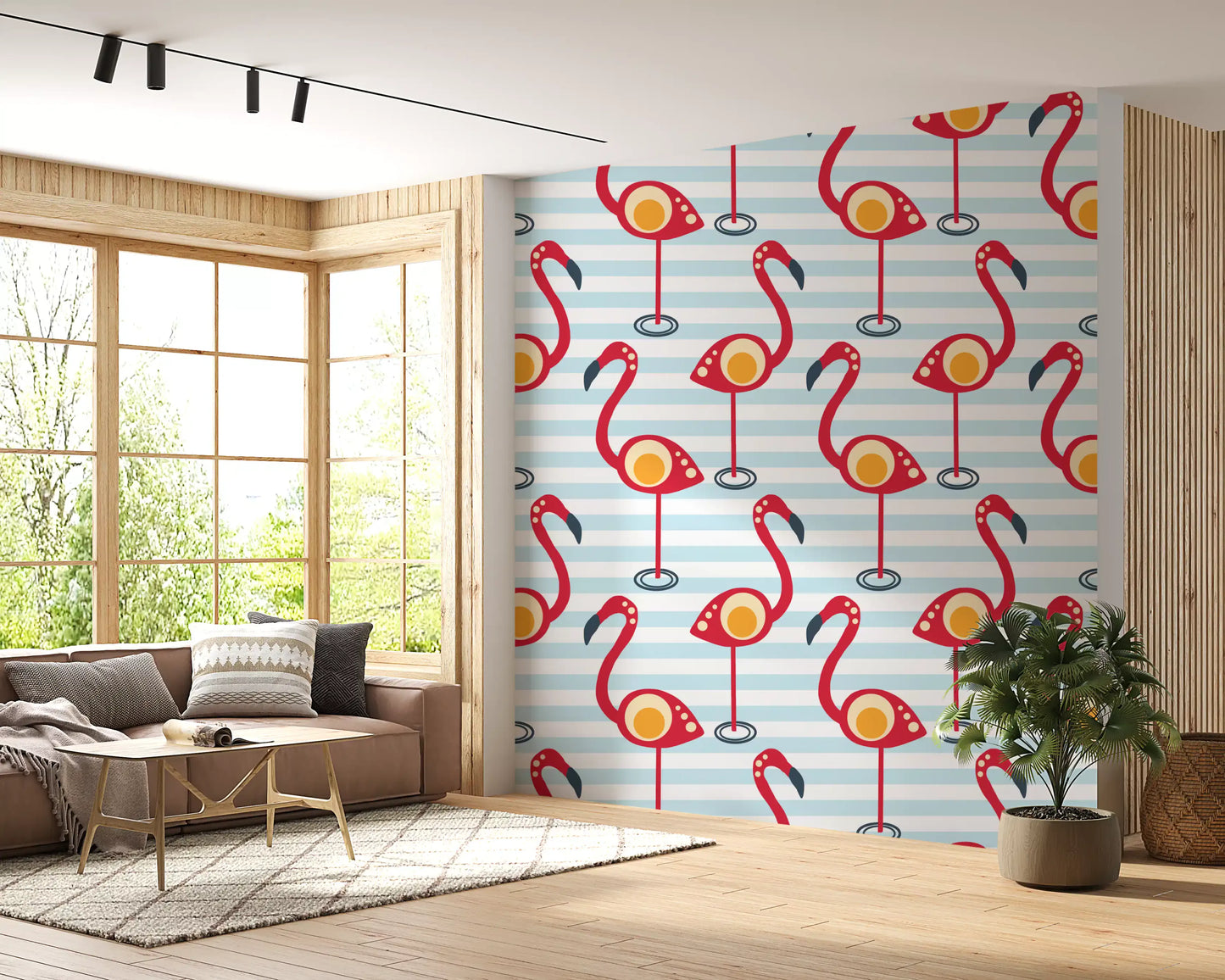 Striped sky pairs with red flamingos in a Living room of Retro Flamingo Fun Wallpaper.