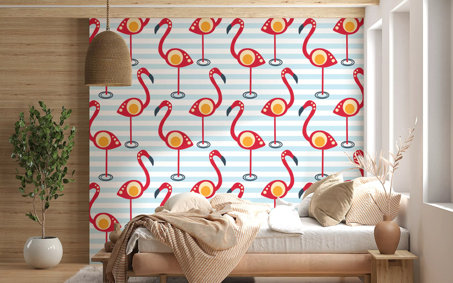 Retro Flamingo Fun Wallpaper makes a bedroom feel like a chirpy striped hangout.