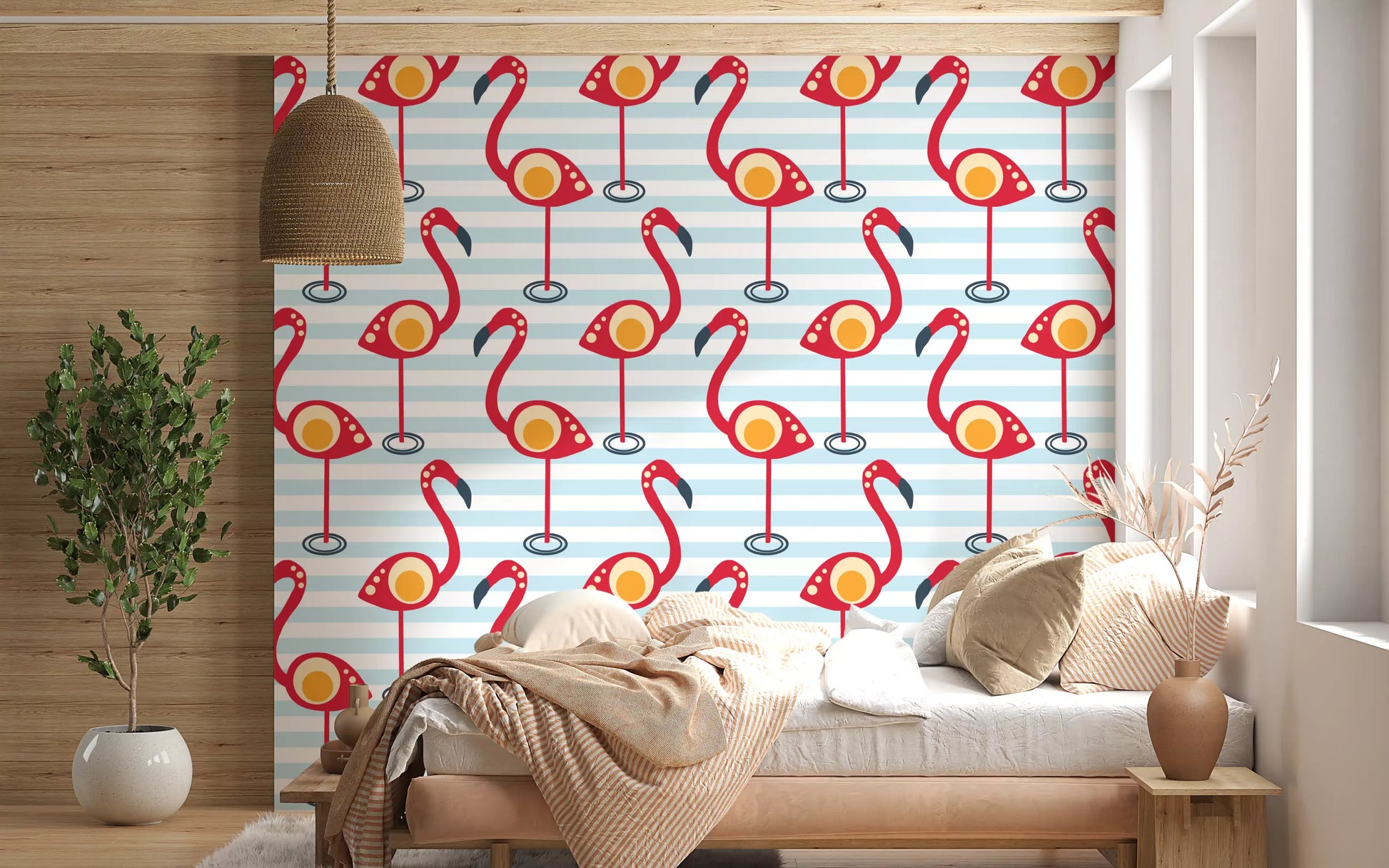 Retro Flamingo Fun Wallpaper makes a bedroom feel like a chirpy striped hangout.