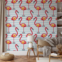 Cartoon flamingos perch on pale stripes within a Retro Flamingo Fun Wallpaper sheet.