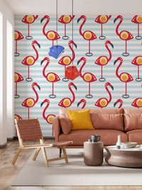 Quirky cartoon flamingos pose over rings on a banded sky in Retro Flamingo Fun Wallpaper.