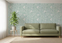 Charcoal berry clusters punctuate the Serene Sky Birds wallpaper at even intervals.